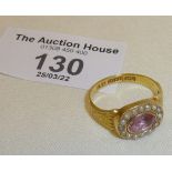 15ct gold ring set with seed pearls and pink sapphire, approx UK ring size M-N and 3g
