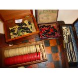 Antique painted metal "The Rose Chess" set and board, turned bone draughts and bone and ebony