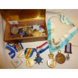 Collection of old enamel badges, reproduction medals, masonic jewels etc.