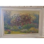 Large oil on canvas of garden border by Douglas Hill, 1953, signed, 31" x 43"