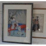 Two Japanese coloured woodcut prints, including Geisha Girl with opium pipe , signed