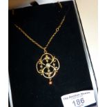 Fine Edwardian Art Nouveau 9ct gold moonstone and seed pearl lavaliere pendant on gold chain,