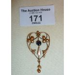 9ct gold and sapphire Art Nouveau pendant, approx. 1.5g