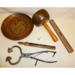 Collection of old tools etc., inc. lignum vitae woodworking mallet, an old brass quill cutter or ink