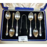 Cased set of six Sterling silver teaspoons and tongs, fully hallmarked - Elkington & Co.