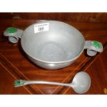 Chinese pewter and jade two-handled bowl and spoon