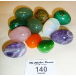 11 carved semi-precious gemstone eggs, inc. malachite, amethyst, jasper, etc.