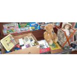 Assorted diecast toys, a Harrods 2001 teddy bear, two dolls and some wooden building bricks, etc.