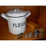 Enamel flour bin, miniature brass iron and set of inlaid marble boxes