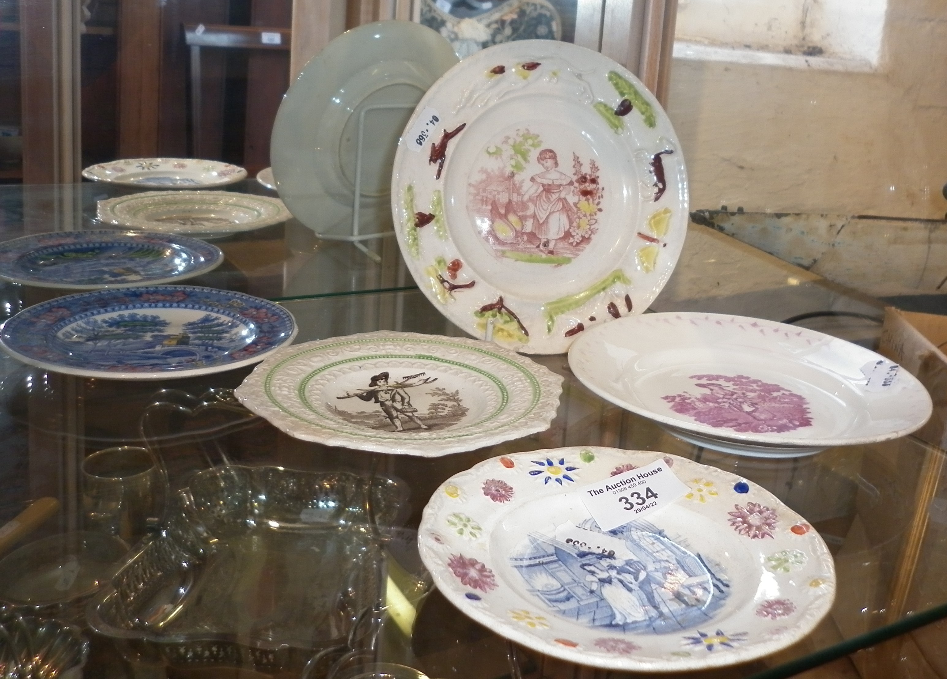 Four 19th c. Staffordshire "Nursery" plates and another