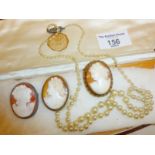 Vintage faux pearl necklace in case with three antique shell cameo brooches