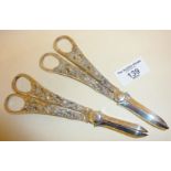 Pair of pairs of silver plated grape shears or scissors with vine decoration