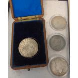 Silver coins, 1923 Liberty Dollar, 1935 and 1889 crown, together with a 1780 Austrian Marie Theresia
