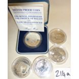 Five silver coins - Royal Mint 1981 Royal Wedding silver proof coin in case with COA, and others,