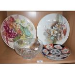 Pair of Imari plates, Brierley cut glass bowl and a pair of large floral hand painted plates