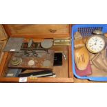 Wooden chest containing antique scales, old mechanical calculator, alarm clock and box of wooden