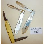 Fine and unusual silver mother of pearl pocket knife style campaign cutlery set. Single apparent pen