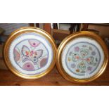 Pair gilt round frames enclosing Irish embroidered fabric panels 18" dia