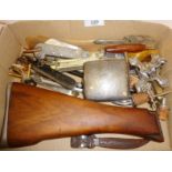 UK army SLR rifle gun stock, WW2 sailor's type knife by Taylor's Eye Witness, letter openers,