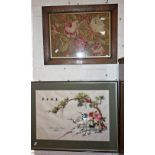 Victorian tapestry picture in oak frame and a Japanese embroidered silk picture