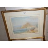 Watercolour of a beach scene with fishing boat and net menders, titled verso "off the Italian