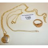 9ct gold signet ring, heart shaped locket on chain necklace and another 9ct necklace, total weight