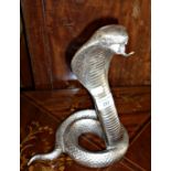 Heavy white metal figure of a cobra snake, 12.5" tall