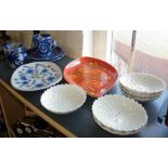 Rye pottery plate, Poole Pottery Delphis spear shaped dish, six Branksome china water lily bowls and