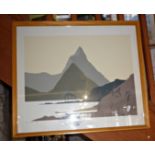 A silkscreen landscape titled 'Mitre Peak' by Jamie Blake dated '85