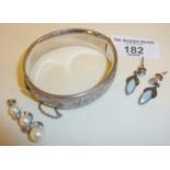 Hallmarked silver engraved hinged bangle, and other silver jewellery