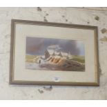 Watercolour of cottages in moorland by P. Cronin