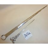 Two silver plated meat spikes or skewers, one with medical caduceus as finial (Elkington & Co.), the
