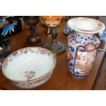Chinese Imari vase 31cm (A/F) and a 19th c. large Chinese bowl (cracked and riveted)