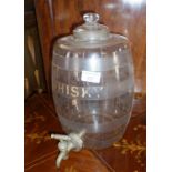 Victorian engraved glass whisky barrel or keg decanter with brass tap - approx. 35cm high - most