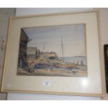 Watercolour of beached boats and buildings, signed