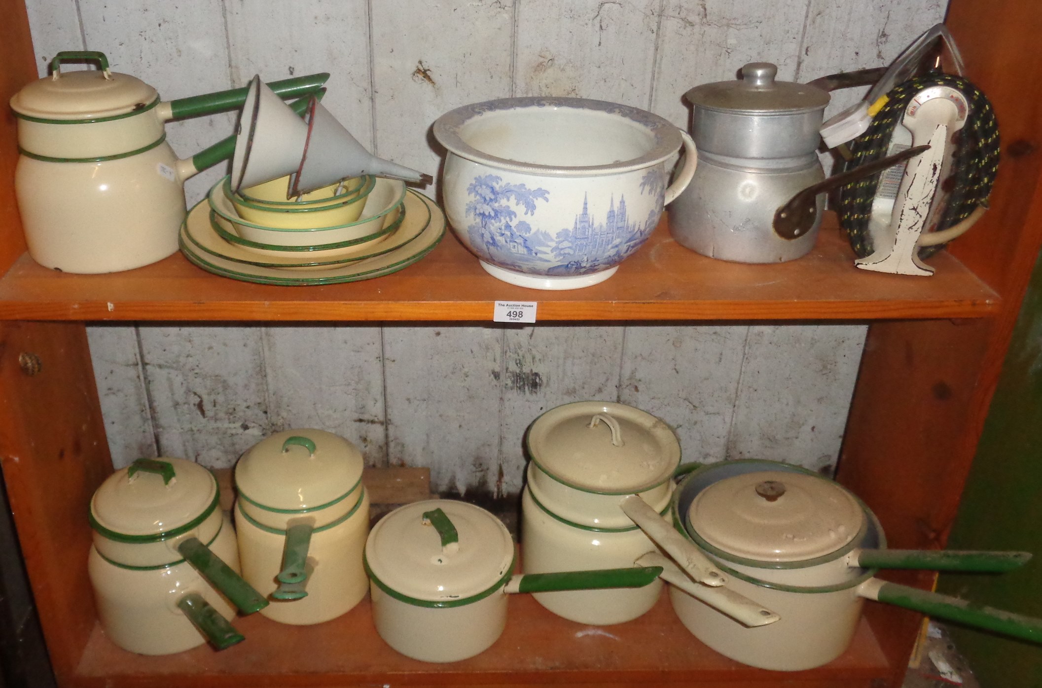 Quantity of enamel saucepans and a 19th c. Davenport blue and white chamber pot