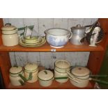 Quantity of enamel saucepans and a 19th c. Davenport blue and white chamber pot