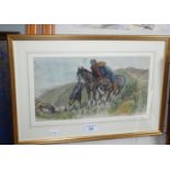 Watercolour by Anton Lock (1893-1970) of horses and Chinamen, 12" x 18" including frame