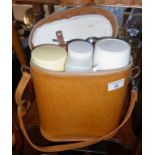 Tan leather cased picnic hamper/box with flask etc.