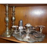 Victorian Queen of Diamonds pair of brass candlesticks, and silver plated ware