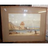 19th c. watercolour of Italian lake with figures and castle by A.P. Lawrence