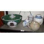 Four pieces of oriental porcelain and an enamel commemorative beaker