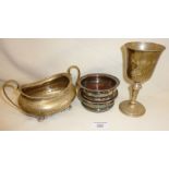 Silver sugar bowl hallmarked for Sheffield 1917, maker H.A, hallmarked silver goblet, and a pair