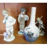 Royal Copenhagen bottle vase and two Nao figurines and another