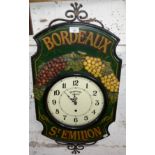 Painted wood and metal kitchen wall clock advertising Bordeaux St. Emilion