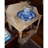 Victorian pine washstand with blue and white jug and basin