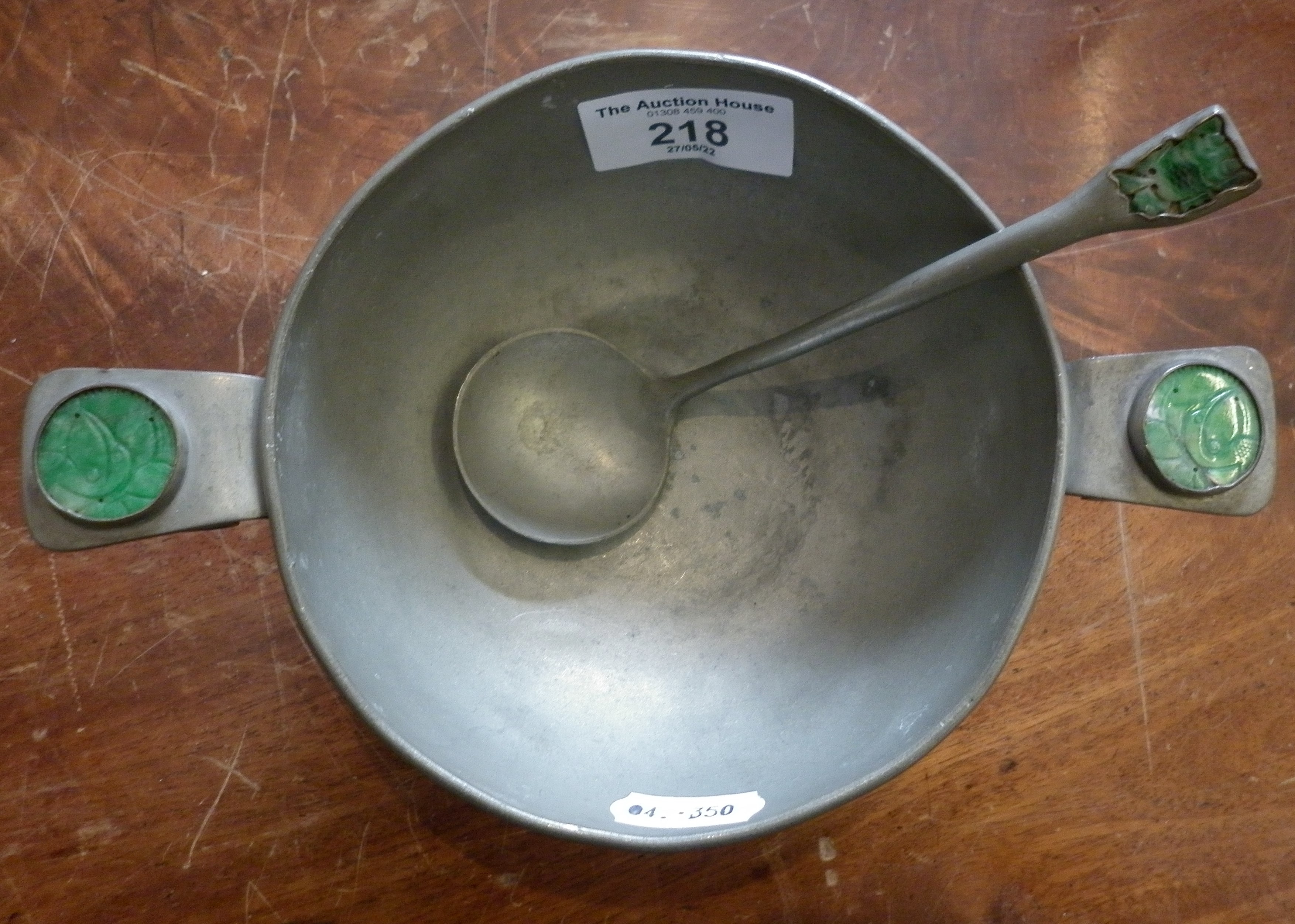 Chinese pewter and jade two-handled bowl and spoon - Image 2 of 2