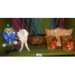 Sylvac vases, Murano glass clown and three other china pieces