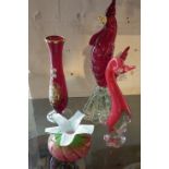 Red glass cockerel and three other retro glass items, inc. Murano