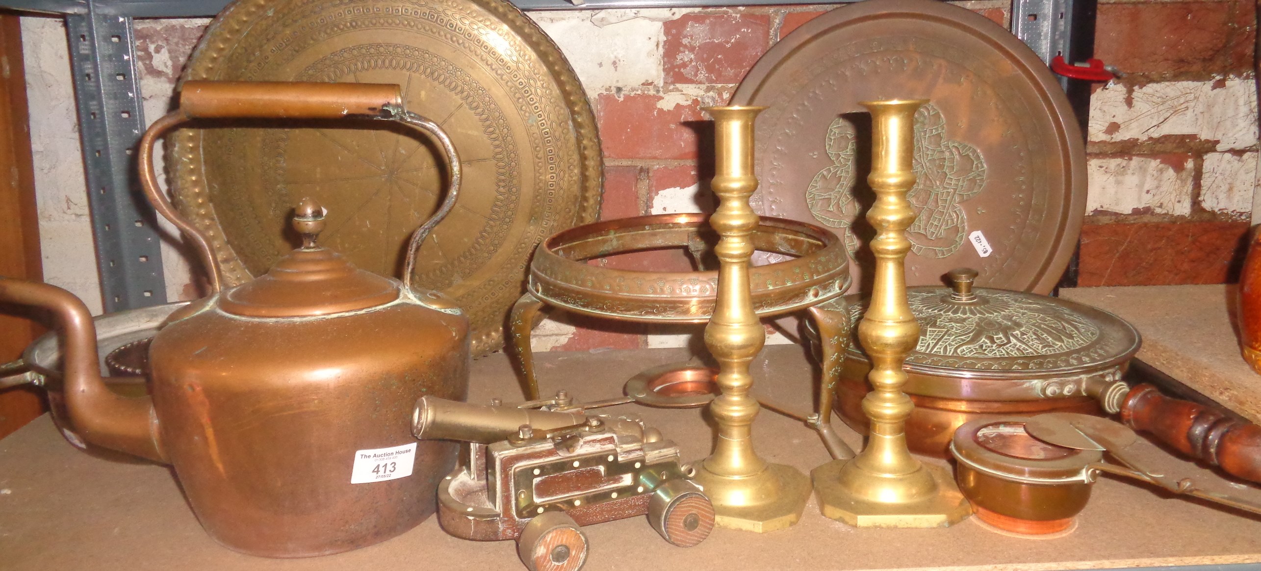 Victorian copper kettle, brass and wood model of a cannon and other copper and brassware